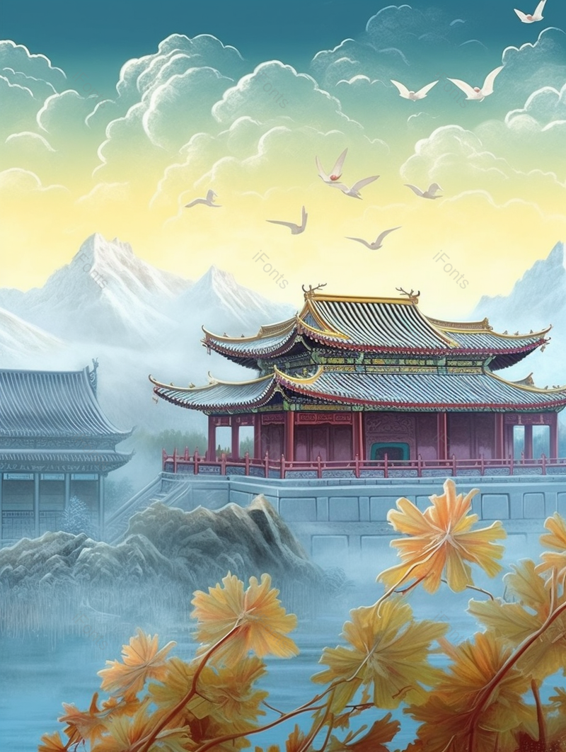 雪山下的中式古建筑中国风背景,插画/手绘图,插画/手绘图库,插画/手绘图下载,插画/手绘